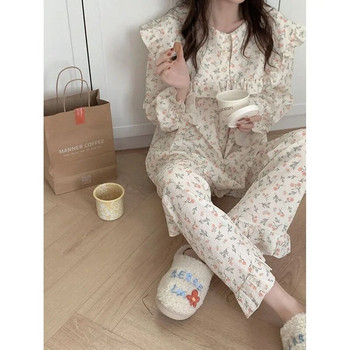 Дамски пижамен костюм с флорални принтове Модни спални дрехи с волани Есенни комплекти с дълъг ръкав за жени 2 бр. Корейски панталони Piiama 2023 г. Нови