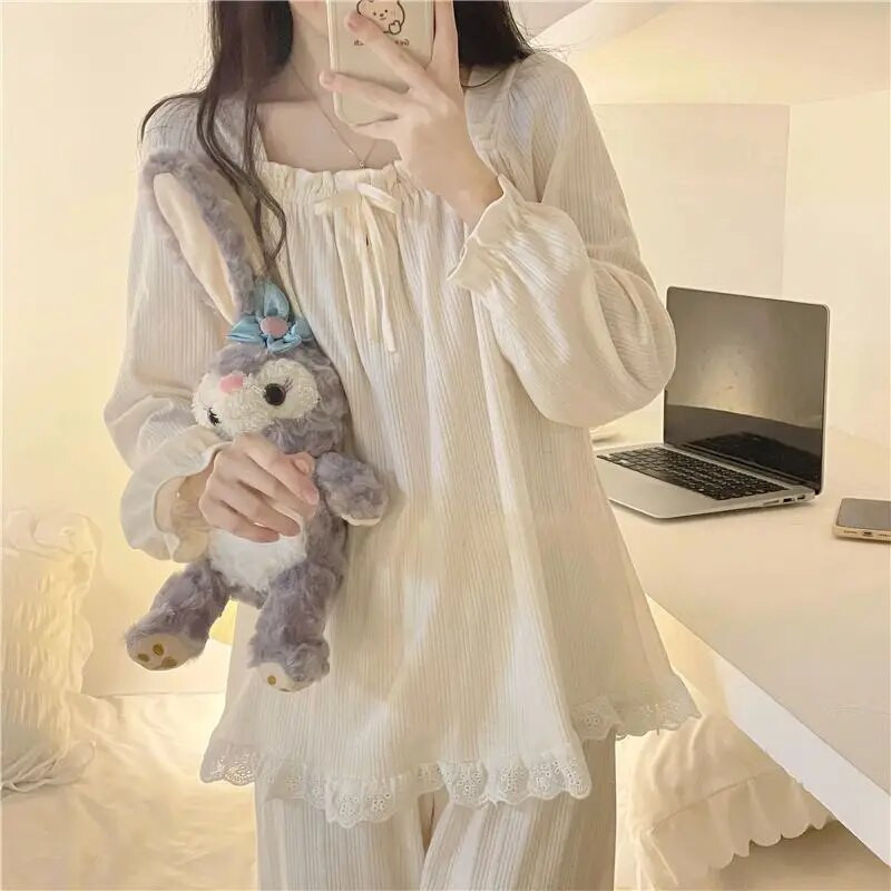 Odjeća za spavanje s volanima Ženske pidžame Kompleti dugih hlača na vezanje 2 komada Piiama Jednobojni korejski stil Punih rukava Jesenska noćna odjeća