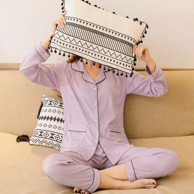 Laisvalaikio moterų pižamos ilgomis rankovėmis miegui kelnės Vienspalvės pižamos sagomis 2 dalių rinkiniai