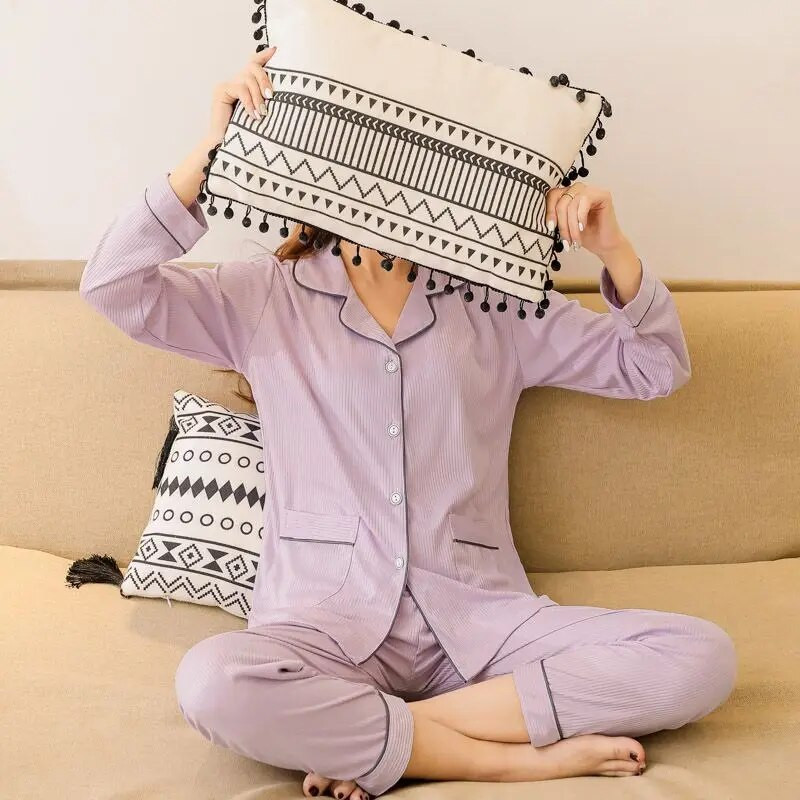 Laisvalaikio moterų pižamos ilgomis rankovėmis miegui kelnės Vienspalvės pižamos sagomis 2 dalių rinkiniai