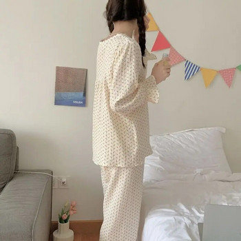 Спално облекло с флорален принт Дамски комплекти пижами Дантелени дълги панталони Костюм 2 части Piiama Ръшове Корейски стил с цял ръкав Есенни нощни облекла