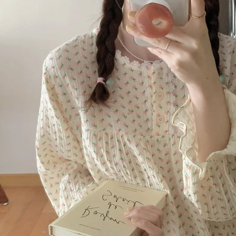 Odjeća za spavanje s cvjetnim uzorkom Ženske pidžame Kompleti čipkanih dugih hlača Odijelo od 2 komada Piiama s volanima Punih rukava u korejskom stilu Jesenska noćna odjeća