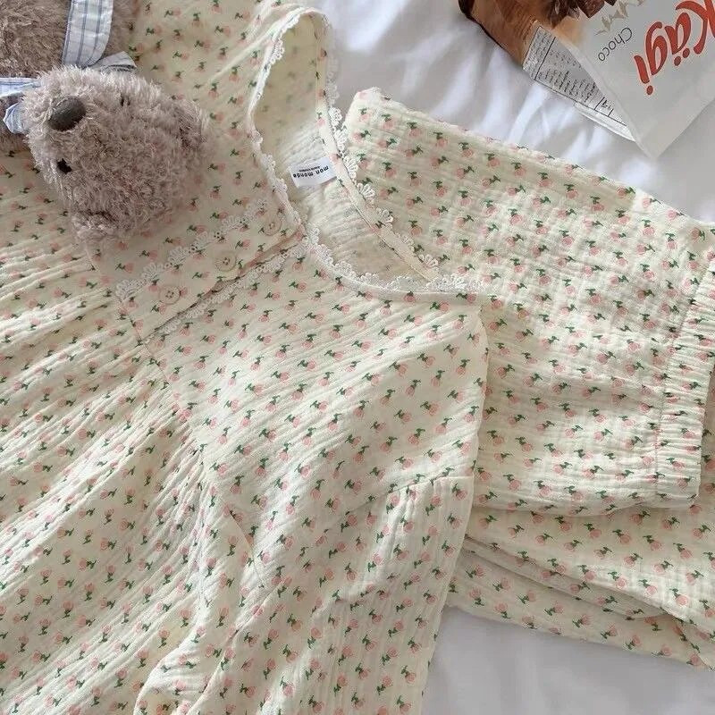 Odjeća za spavanje s cvjetnim uzorkom Ženske pidžame Kompleti čipkanih dugih hlača Odijelo od 2 komada Piiama s volanima Punih rukava u korejskom stilu Jesenska noćna odjeća