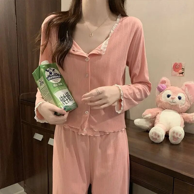 Naiste pitsiline pidžaamakomplekt, sügisene magamisriietus, pikkade varrukatega püksid, ülikonna nööpide komplektid naistele 3 tükki volangid Piiama nööbiga öörõivad