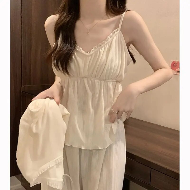 Naiste pitsiline pidžaamakomplekt, sügisene magamisriietus, pikkade varrukatega püksid, ülikonna nööpide komplektid naistele 3 tükki volangid Piiama nööbiga öörõivad