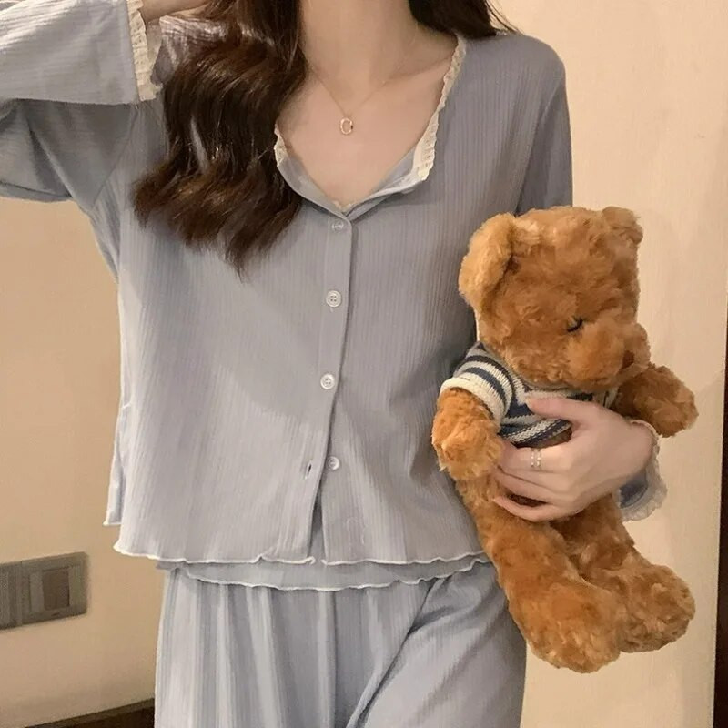 Naiste pitsiline pidžaamakomplekt, sügisene magamisriietus, pikkade varrukatega püksid, ülikonna nööpide komplektid naistele 3 tükki volangid Piiama nööbiga öörõivad