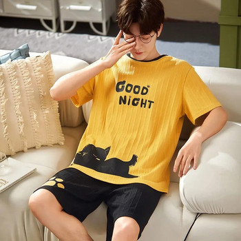 Βαμβακερές καλοκαιρινές λεπτές ανδρικές πιτζάμες Σετ κοντές μπλούζες για ύπνο