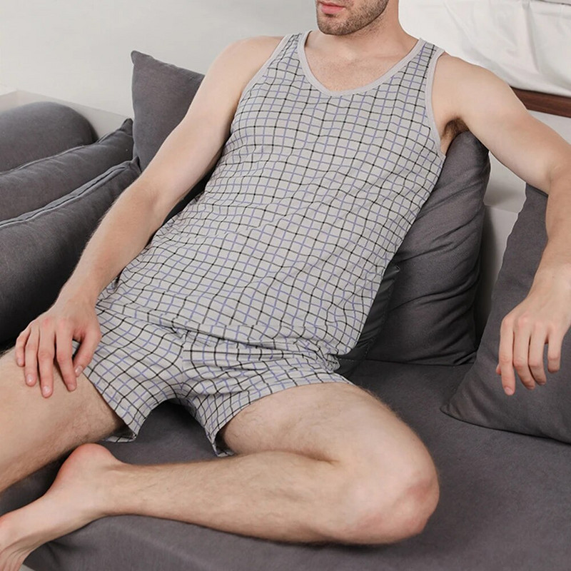 Vyriškas pižamų komplektas Vasarinis plonos medvilnės vyriškos liemenės be rankovių šortai miegui Svetainės naktiniai drabužiai Namų kostiumas Laisvalaikio namų apranga