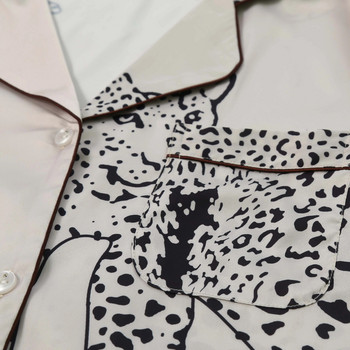Комплект пижама за жени Едноцветно спално облекло с леопардов принт от две части с дълъг ръкав и панталон Дамско спално облекло семпло, но стилно