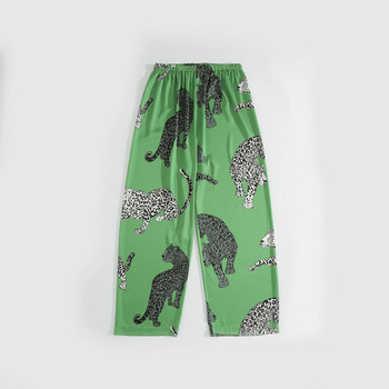 Дамско спално облекло със зелен леопард, копринен текстуриран сатен с дълъг ръкав и панталон Пижамен комплект Мек и удобен за носене у дома