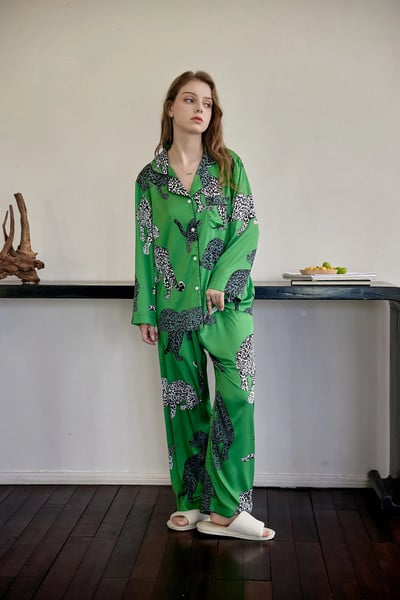 Set de pijama cu mâneci lungi și pantaloni din satin texturat din mătase, cu imprimeu verde, pentru femei, moale și confortabil de purtat acasă