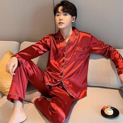 2023 Ανδρικά casual πυζά, μεταξωτό σατέν παντελόνι πιτζάμες κοστούμι πιτζάμες με μακριές κουμπιά Pijama Ανδρικά σαλονάκια σε μέγεθος Pj σετ