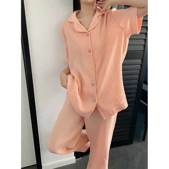 Дамски летни пижами с копчета, дълги панталони, спално облекло с къси ръкави, едноцветни комплекти пижами, костюм от 2 части Piiama, корейски нощни дрехи