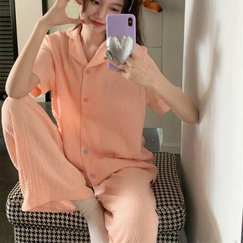Дамски летни пижами с копчета, дълги панталони, спално облекло с къси ръкави, едноцветни комплекти пижами, костюм от 2 части Piiama, корейски нощни дрехи