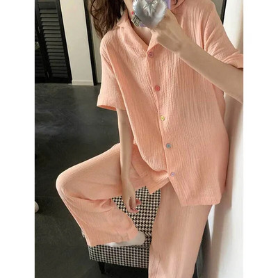 Ljetna pidžama s gumbima za žene Duge hlače Odjeća za spavanje kratkih rukava Jednobojni kompleti pidžama Odijelo 2-dijelna piiama korejska noćna odjeća