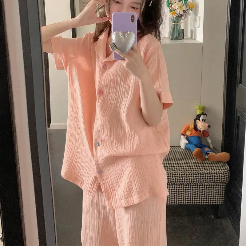 Ljetna pidžama s gumbima za žene Duge hlače Odjeća za spavanje kratkih rukava Jednobojni kompleti pidžama Odijelo 2-dijelna piiama korejska noćna odjeća