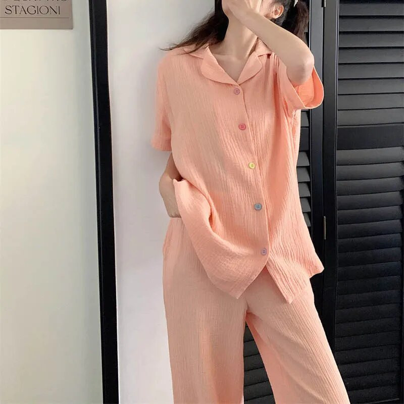 Ljetna pidžama s gumbima za žene Duge hlače Odjeća za spavanje kratkih rukava Jednobojni kompleti pidžama Odijelo 2-dijelna piiama korejska noćna odjeća