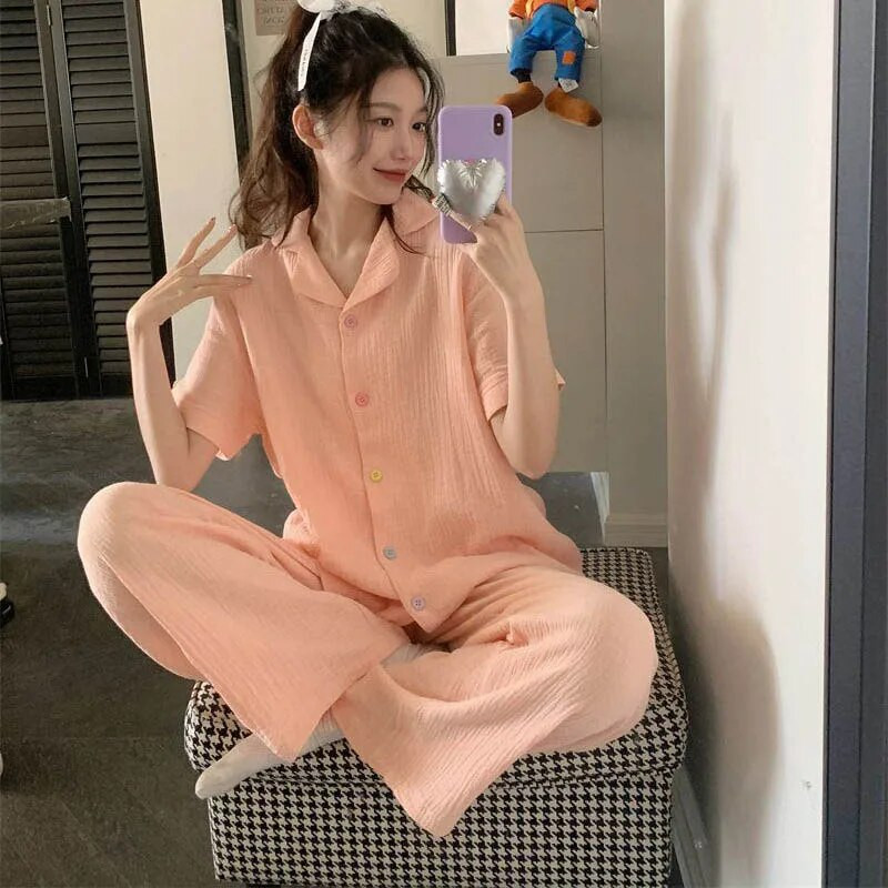 Ljetna pidžama s gumbima za žene Duge hlače Odjeća za spavanje kratkih rukava Jednobojni kompleti pidžama Odijelo 2-dijelna piiama korejska noćna odjeća
