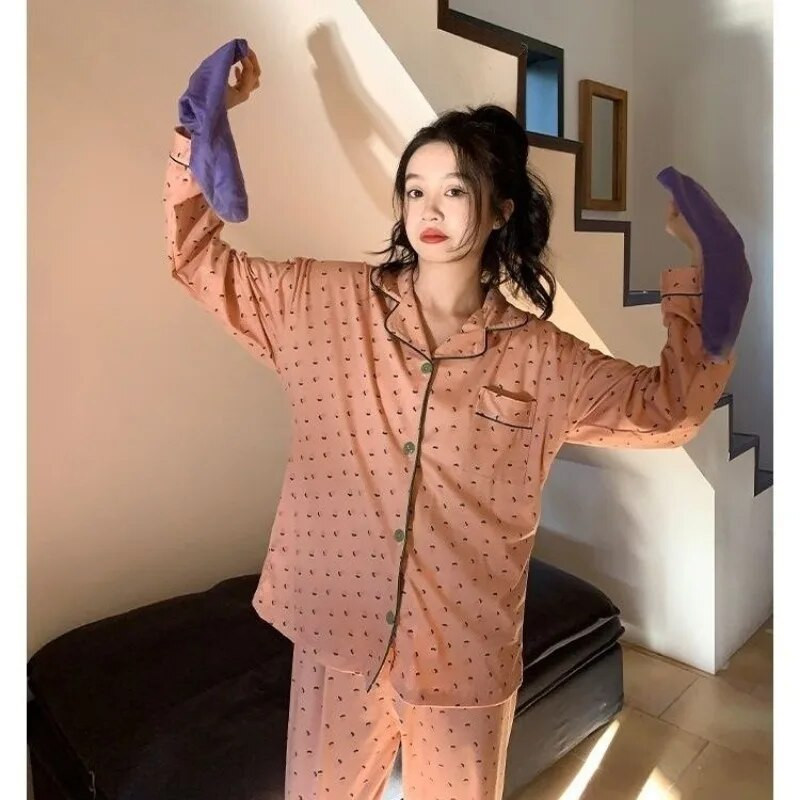 Naiste lilleline pidžaamakomplekt, sügisene magamisriietus, pikkade varrukatega püksid, ülikond, taskukomplektid naistele, 2-osaline nööbiga Piiama nööbiga öörõivad