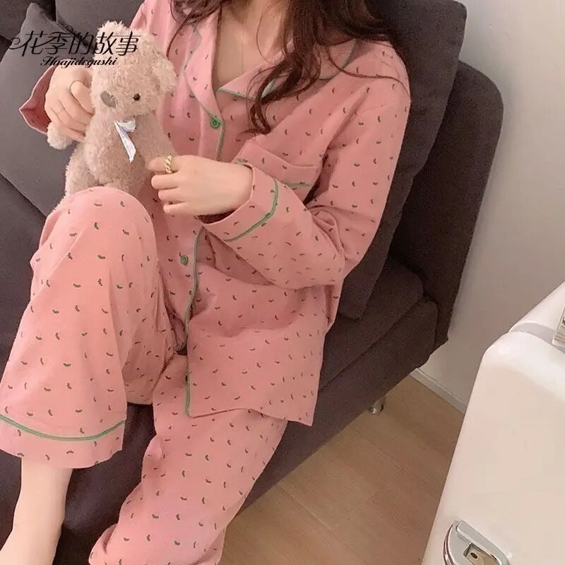 Naiste lilleline pidžaamakomplekt, sügisene magamisriietus, pikkade varrukatega püksid, ülikond, taskukomplektid naistele, 2-osaline nööbiga Piiama nööbiga öörõivad