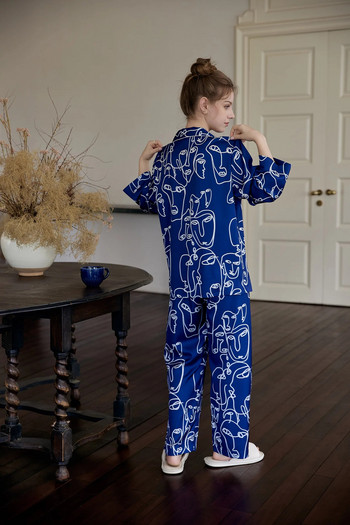 Синя дамска пижама с щампа с абстрактни линии Picasso Комплект от две части с дълъг ръкав и панталон Мека текстура, подходяща за домашно носене