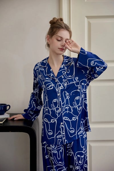 Set de două piese de pijamale pentru femei cu imprimeu linie abstractă Picasso albastru, cu mâneci lungi și pantaloni, textura moale, potrivite pentru ținute acasă