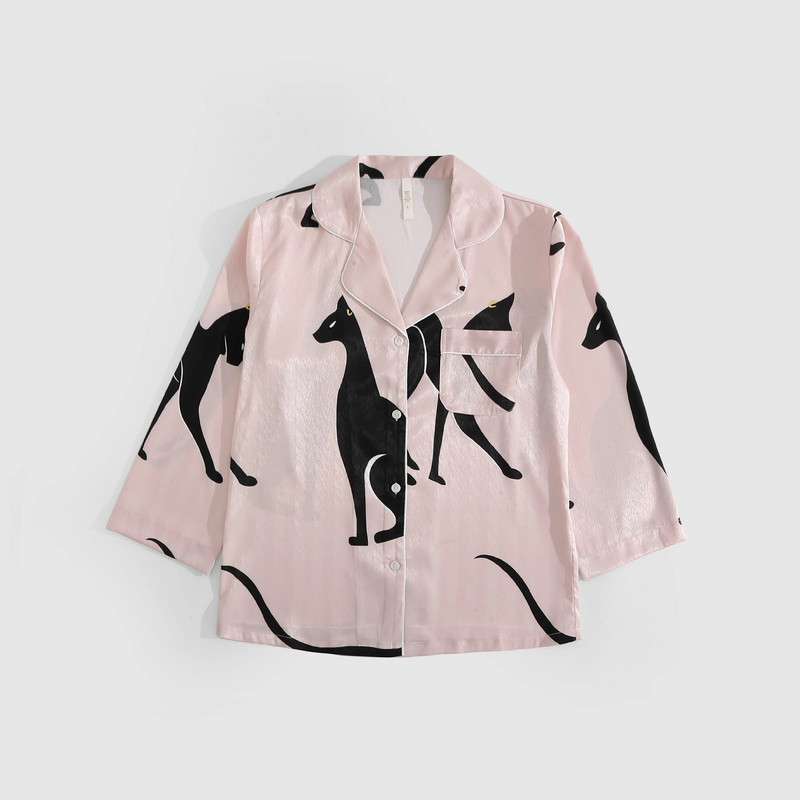 Ružičasta pidžama s printom egipatske mačke, 2 komada, uključujući majicu dugih rukava i hlače, elegantna, prikladna za izležavanje kod kuće, udobna