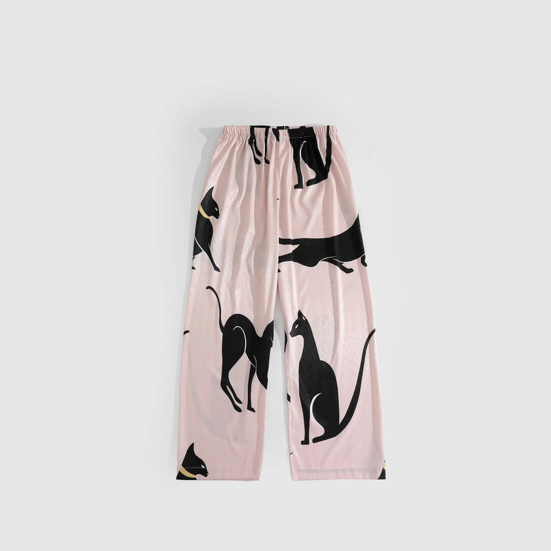 Ružičasta pidžama s printom egipatske mačke, 2 komada, uključujući majicu dugih rukava i hlače, elegantna, prikladna za izležavanje kod kuće, udobna