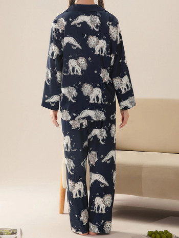 Комплект пижама за жени Останете удобни у дома С дълъг ръкав и панталон Копринена текстура Сатен Спално облекло с щампи на звезден лъв Пижамен комплект Бельо