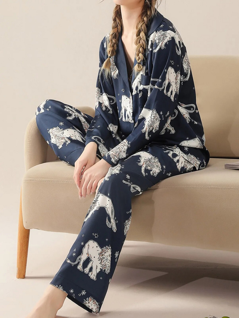 Pidžaamakomplekt naistele Püsige mugavalt kodus Pikad varrukad ja püksid, siidist tekstuur Satiin Starry Lion trükitud magamisriided Pj komplekt Aluspesu