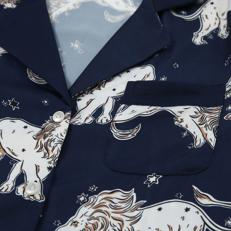 Pidžaamakomplekt naistele Püsige mugavalt kodus Pikad varrukad ja püksid, siidist tekstuur Satiin Starry Lion trükitud magamisriided Pj komplekt Aluspesu