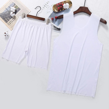 Καλοκαιρινό ανδρικό Ice Silk Μπλουζάκια +boxer Κοντά Sleepwear Σετ Ανδρικό αμάνικο φανελάκι με λαιμόκοψη με λαιμόκοψη μαλακές απαλές πιτζάμες μεταξένια εσώρουχα