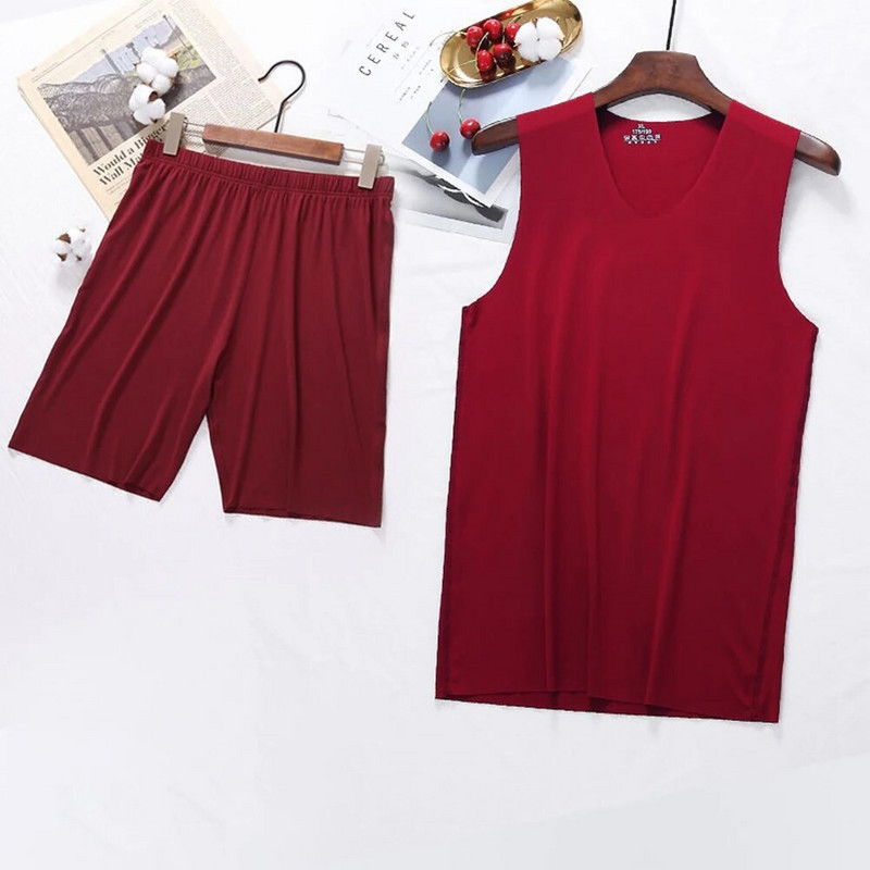 Ljeto za muškarce Ice Silk majice bez rukava + bokserice, kratki set za spavanje, muški prsluk bez rukava, majice s V-izrezom, meke glatke pidžame, svilenkasto donje rublje