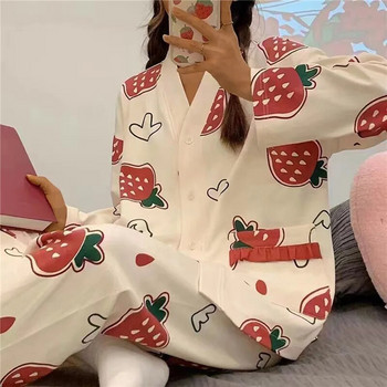 Японско кимоно в стил Есен Зима Дамски комплекти пижами Памучни домашни костюми с дълги ръкави Ежедневни спални дрехи с V-образно деколте с ревер