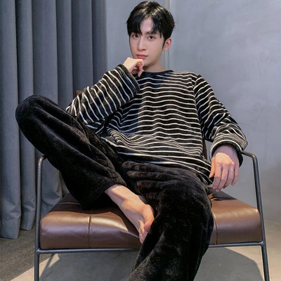 Talvine meeste paks soe flanell pidžaamakomplekt meeste pikkade varrukatega meeste talvetriibuline vaba aja koduriiete riidest lahtine meeste magamisriiete komplekt