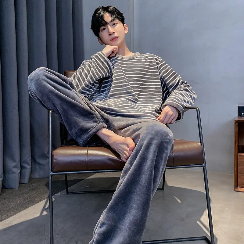 Talvine meeste paks soe flanell pidžaamakomplekt meeste pikkade varrukatega meeste talvetriibuline vaba aja koduriiete riidest lahtine meeste magamisriiete komplekt