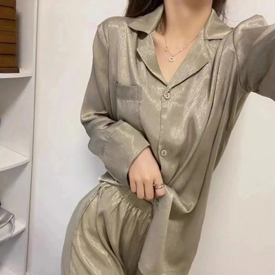 Casual Sleepwear Γυναικείες Πυτζάμες Σετ Μακριά Παντελόνια 2 τεμαχίων Piiama Μασίφ Κορεάτικο Στιλ Φθινοπωρινά νυχτερινά φορέματα τσέπης 2023