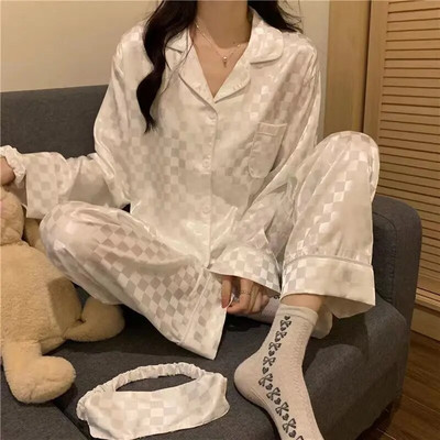 Kasdieniai miegui skirti moteriški pižamų rinkiniai, ilgų kelnių rinkiniai, 2 dalių Piiama, kieto korėjietiško stiliaus pilnomis rankovėmis rudens kišeniniai naktiniai drabužiai, 2023 m.