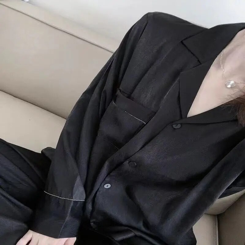 Kasdieniai miegui skirti moteriški pižamų rinkiniai, ilgų kelnių rinkiniai, 2 dalių Piiama, kieto korėjietiško stiliaus pilnomis rankovėmis rudens kišeniniai naktiniai drabužiai, 2023 m.