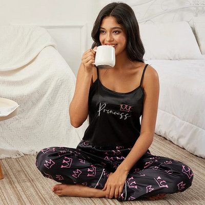 Suvine naiste pidžaamakomplekt Lilletrükiga varrukateta topid pikkade pükstega pidžaamaülikond Satiinist siidist vabaaja magamisriided Seksikas ööpesu