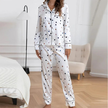 Нов комплект есенни пижами Дамски сатенени копринени пижами с дълги ръкави Пижами с щампа с ревери Дамски модни дневни дрехи Домашни дрехи