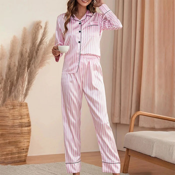 Нов комплект есенни пижами Дамски сатенени копринени пижами с дълги ръкави Пижами с щампа с ревери Дамски модни дневни дрехи Домашни дрехи