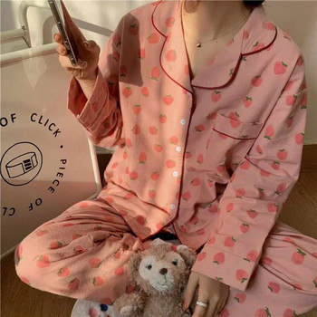Комплект дамски пижами Strawberry за дома, джобно спално облекло, панталон с дълъг ръкав, костюм от 2 части, есенно копче, нощни облекла в корейски стил