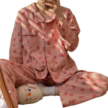 Комплект дамски пижами Strawberry за дома, джобно спално облекло, панталон с дълъг ръкав, костюм от 2 части, есенно копче, нощни облекла в корейски стил