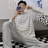 Meeste pidžaamakomplekt Triibuline sügistalvine vaba aeg Elastne talje poiste magamisriided pikkade varrukatega ööriided Pehme pidžaama koduriie