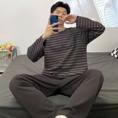 Meeste pidžaamakomplekt Triibuline sügistalvine vaba aeg Elastne talje poiste magamisriided pikkade varrukatega ööriided Pehme pidžaama koduriie