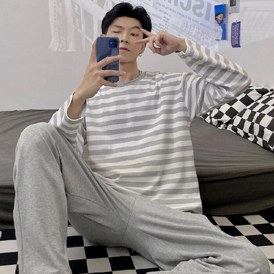 Meeste pidžaamakomplekt Triibuline sügistalvine vaba aeg Elastne talje poiste magamisriided pikkade varrukatega ööriided Pehme pidžaama koduriie