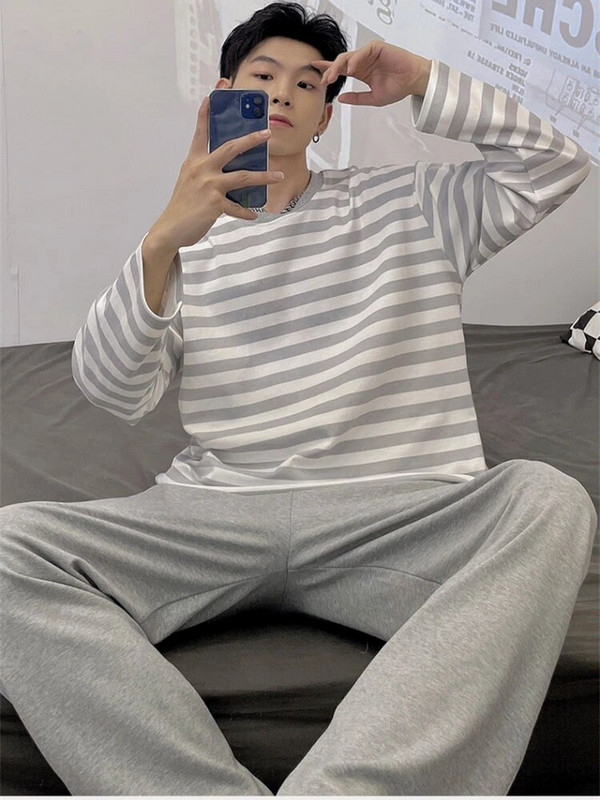 Meeste pidžaamakomplekt Triibuline sügistalvine vaba aeg Elastne talje poiste magamisriided pikkade varrukatega ööriided Pehme pidžaama koduriie