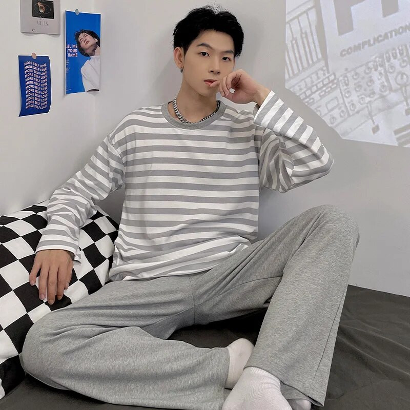 Meeste pidžaamakomplekt Triibuline sügistalvine vaba aeg Elastne talje poiste magamisriided pikkade varrukatega ööriided Pehme pidžaama koduriie