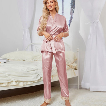Lisacmvpnel Дамски пижами Комплект пижами от ледена коприна Секси дантелени пижами с къс ръкав Свободно време Семпло домашни дрехи